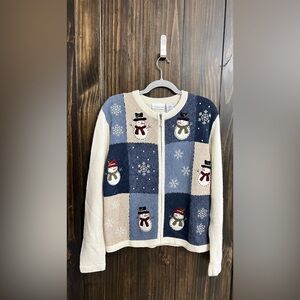 Wool-blend Snowman Patchwork Zip Cardigan- Size: Small